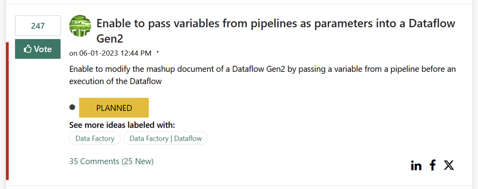 Screenshot of the idea for "Enable to pass variables from pipelines as parameters into a Dataflow Gen2" from the Fabric ideas portal