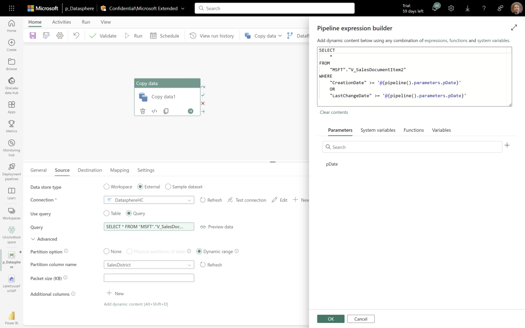Captura de tela de um pipeline do Fabric com uma atividade de cópia mostrando uma consulta parametrizada e particionamento com o conector SAP HANA.