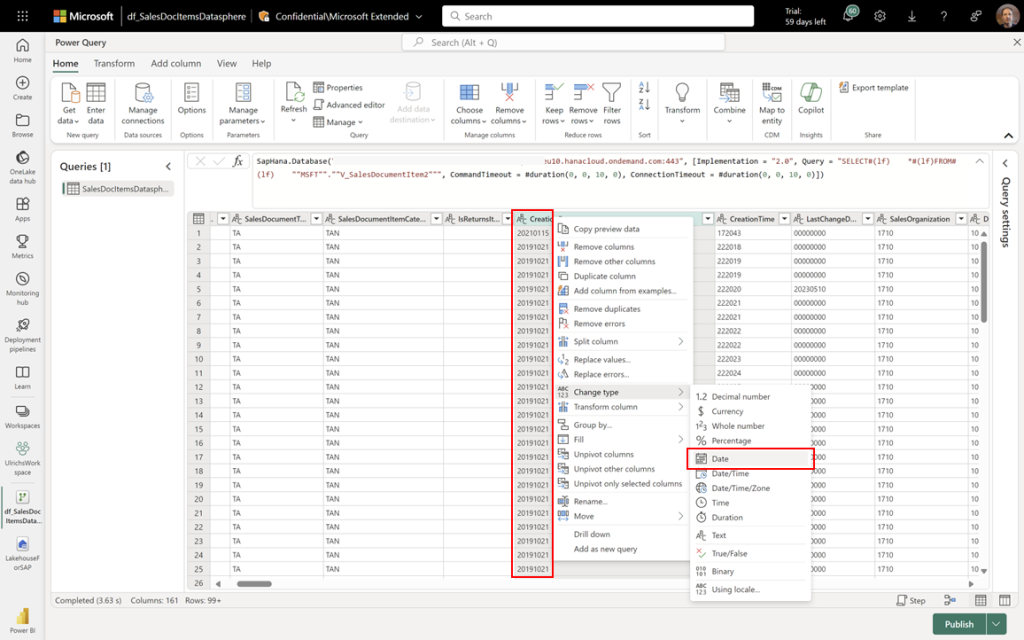 Captura de tela mostrando como transformar dados usando o conector SAP HANA no Dataflows Gen2.