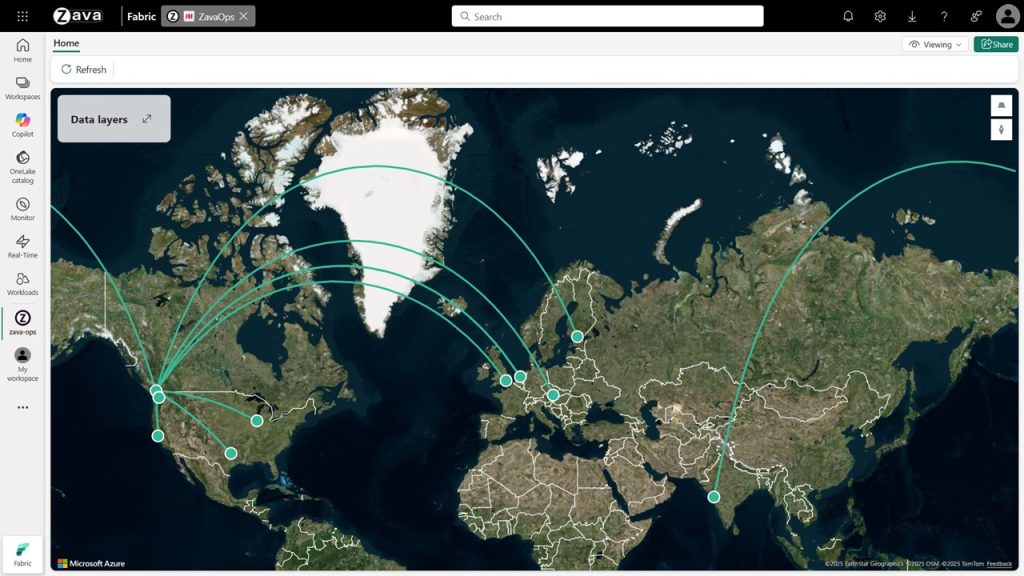 Zava's global locations and distribution lines stored in Lakehouse and visualized on a map.