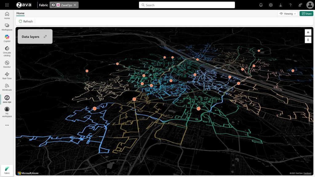 Real-time map with delivery routes and delivery vehicles.