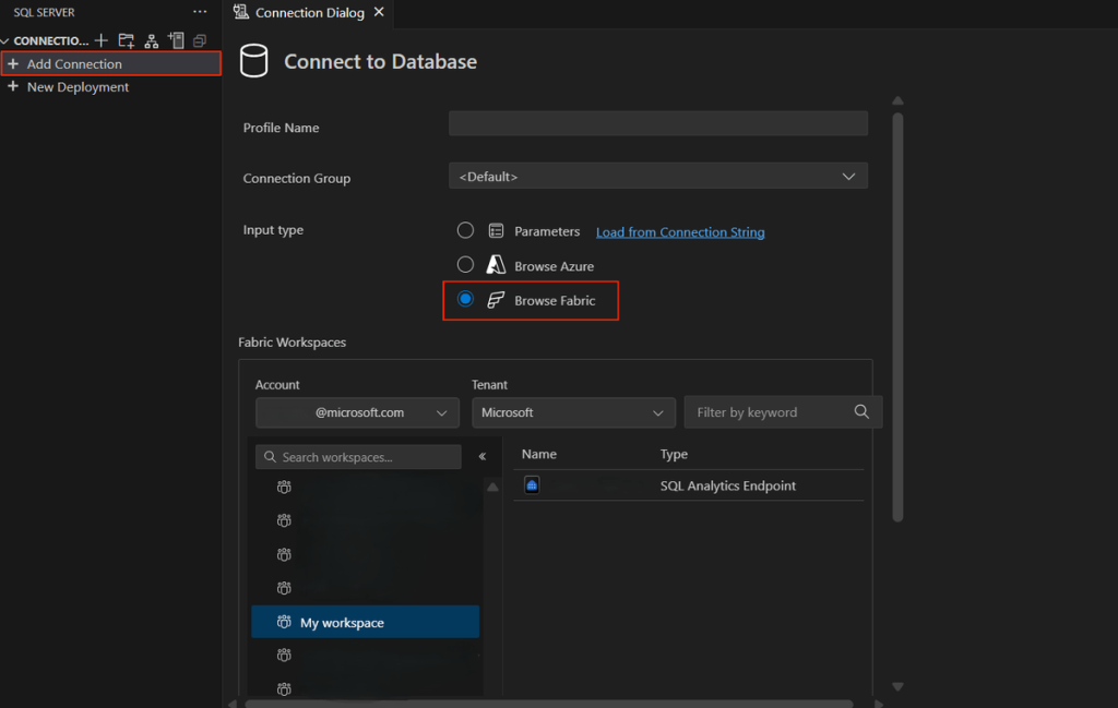 Fabric browse experience in the MSSQL extension
