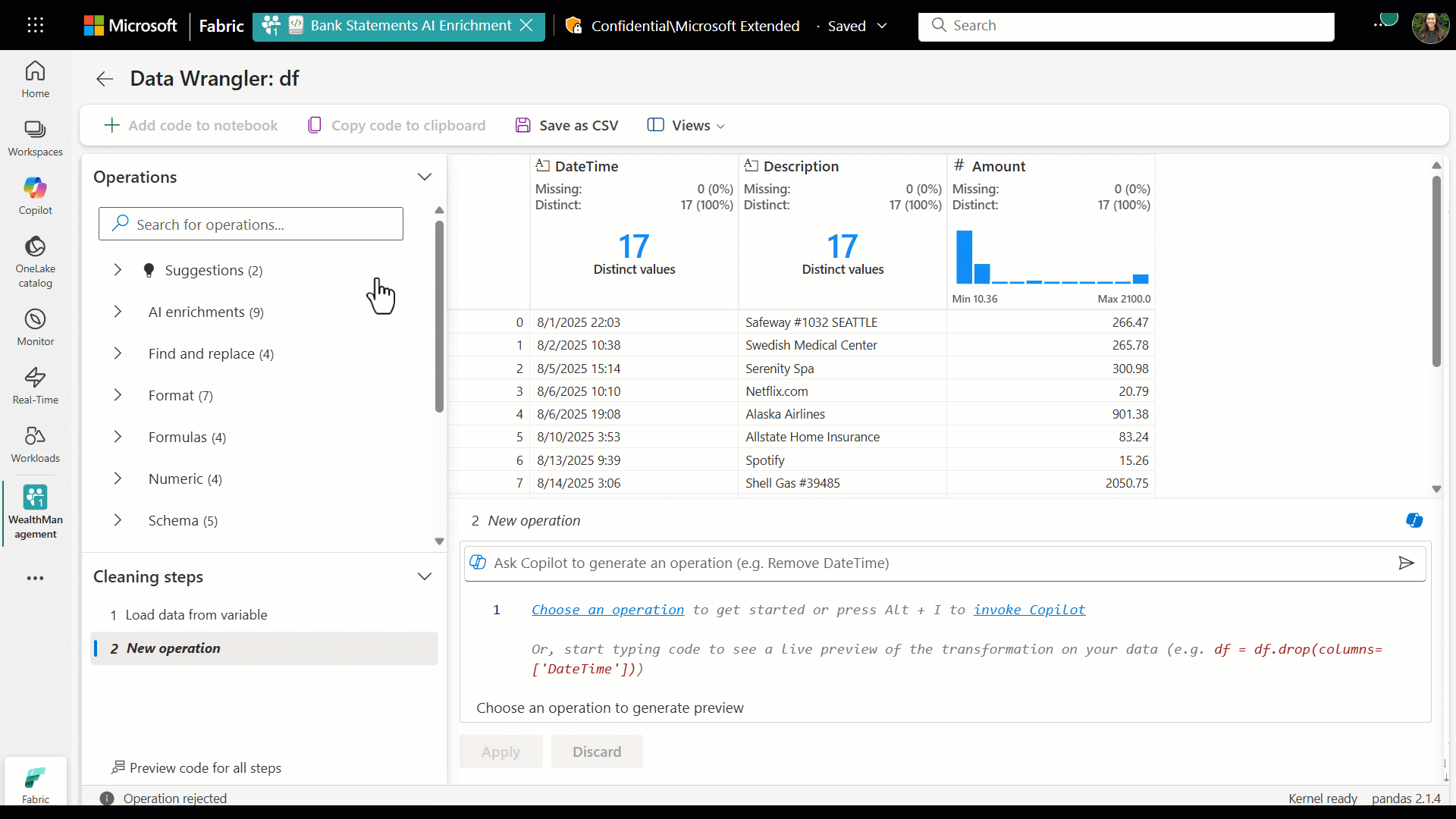 Using AI functions in Data Wrangler for transaction classification