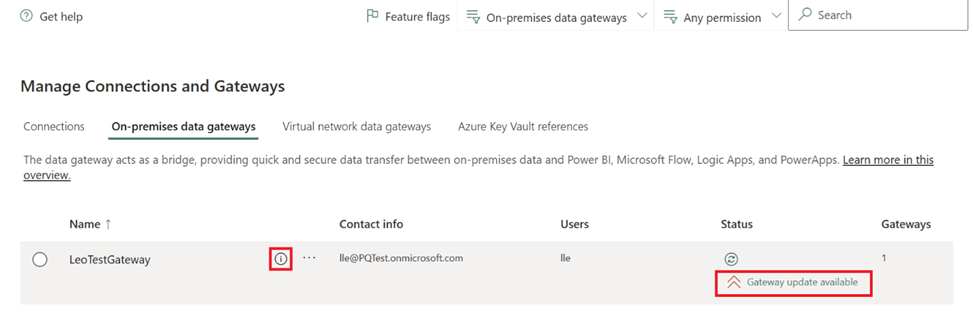 On-premises data gateway manual update screen showing the current gateway version, available update version.