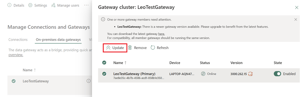 On-premises data gateway manual update screen showing  a “Update” button for administrators to manually trigger the upgrade.