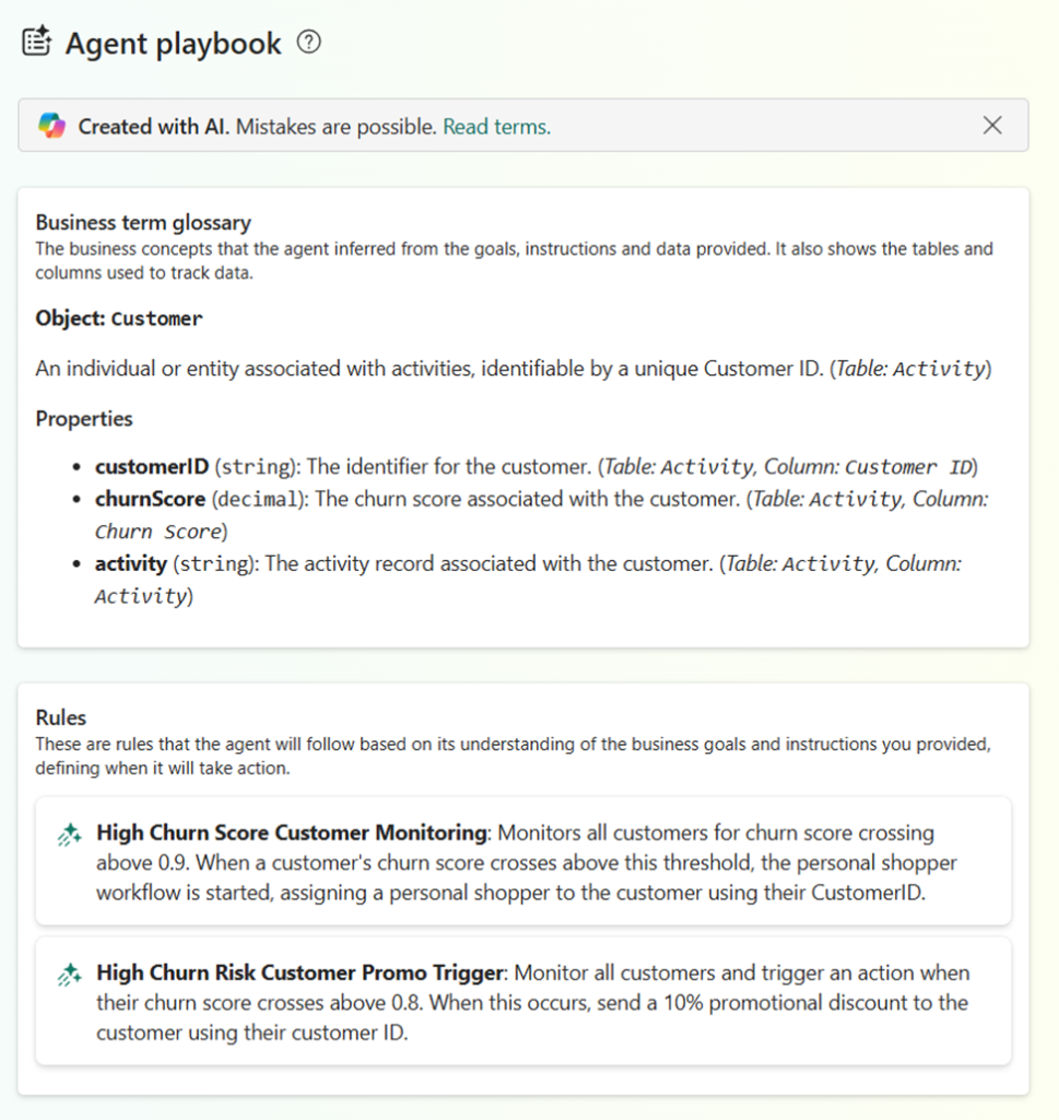 Screenshot: agent's playbook showing business terms and rules.