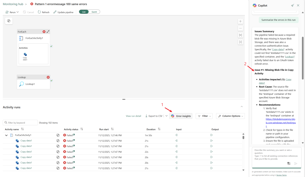 Summarize all the errors in a pipeline