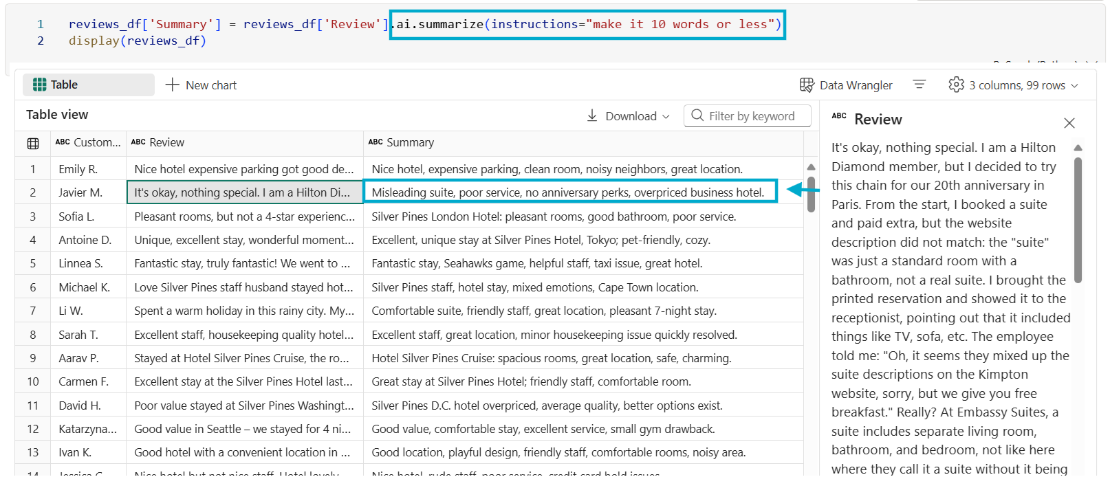 This image shows an example using the instructions parameter to specify output length for the summary.