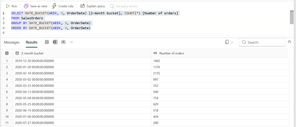 A T‑SQL query that groups sales orders into consecutive 3‑week intervals. Each row shows the interval start date and the count of orders.