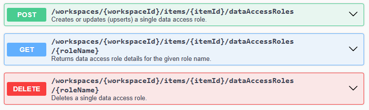 API swagger listing the GET dataAccessRoles/{roleName}, POST dataAccessRoles/, and DELETE dataAccessRoles/{roleName}