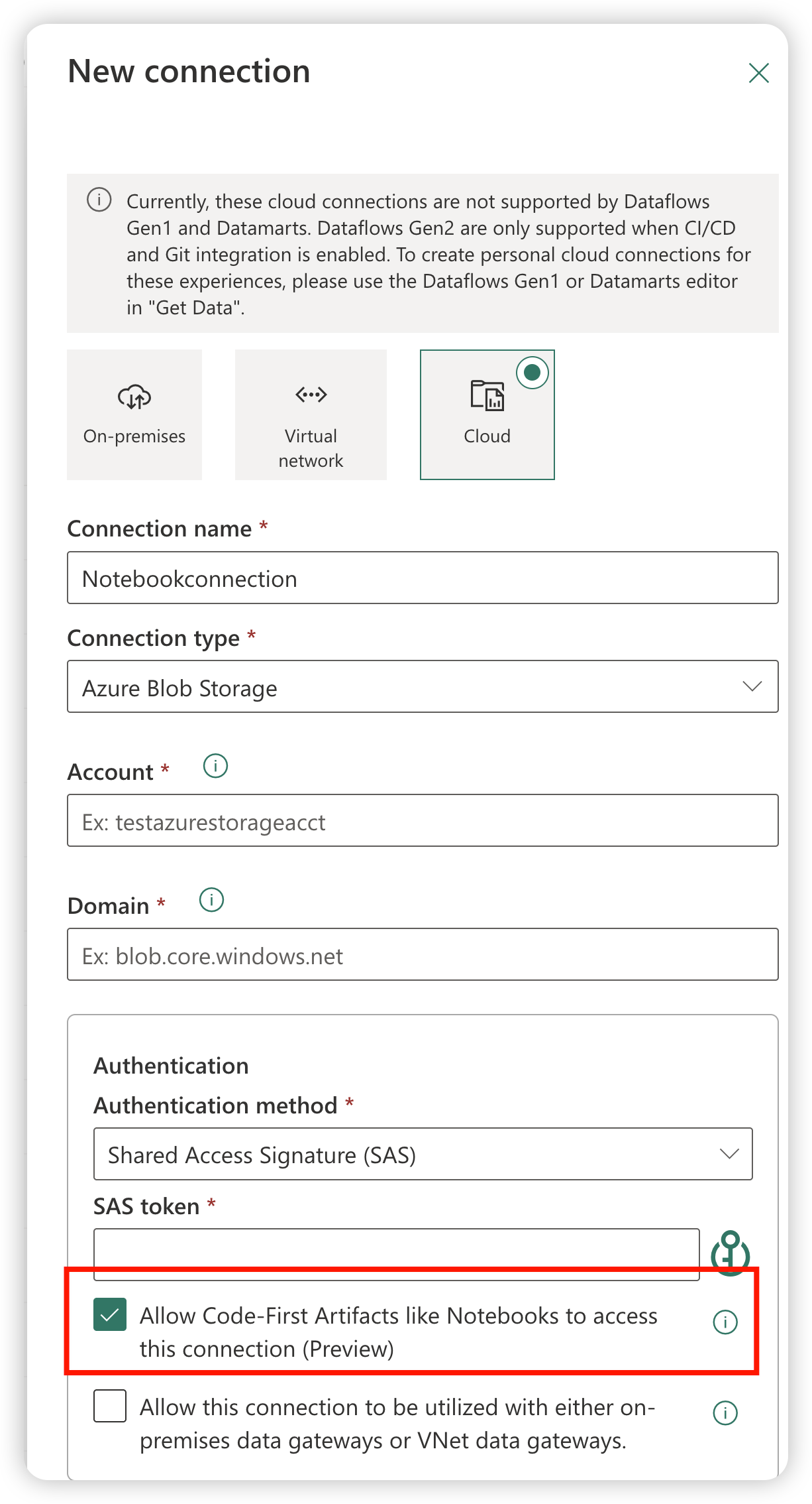 Enable this connection can be used inside the code-first artifact such as Notebook. The connection can be listed and used inside notebook only with this toggle is selected.