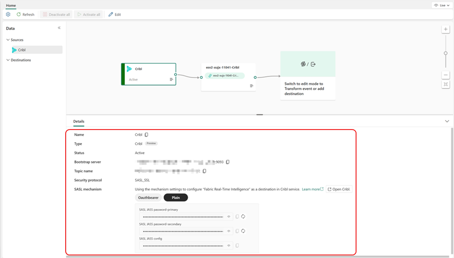 Screenshot of an eventstream showing the details of a Cribl source added inside the eventstream, including the bootstrap server, topic name, SASL mechanism, etc.