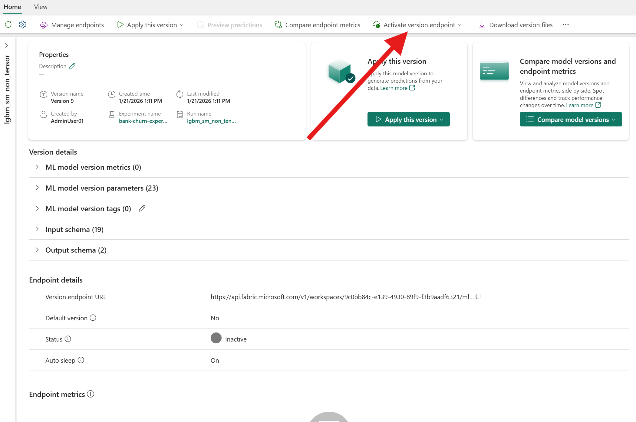 Figure 12 Activate real-time scoring endpoint for a ML model version