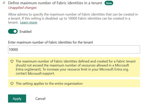 Figure1. Configuring Maximum number of Fabric identities in a tenant. In the Admin portal, under Developer settings, you can enable the ability to configure the maximum number of identities in the tenant. Default is 10000.