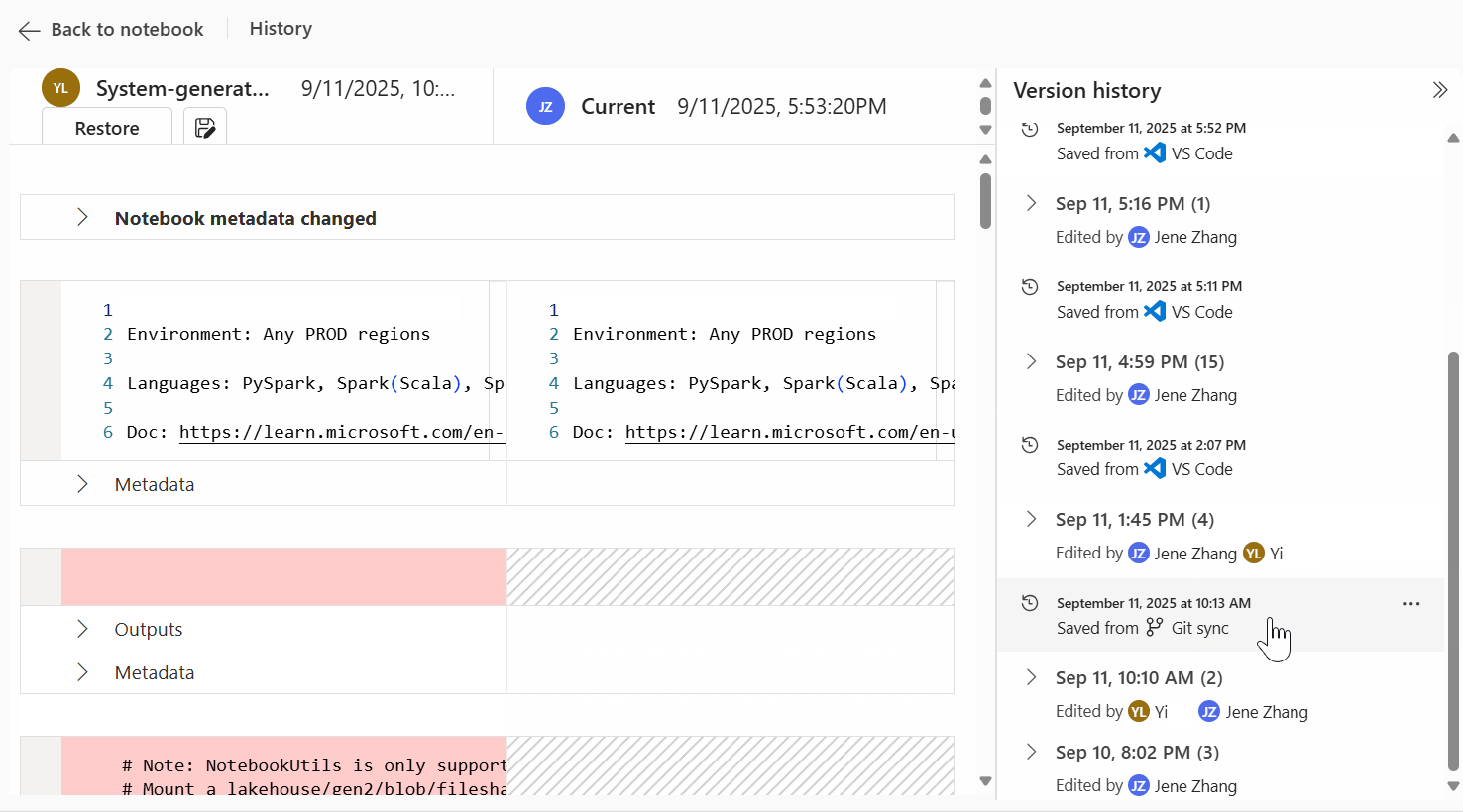 Image of version history list with multiple sources indicator.
