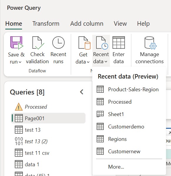 It shows how to find the Recent data entry in the Power Query ribbon of Dataflow gen2
