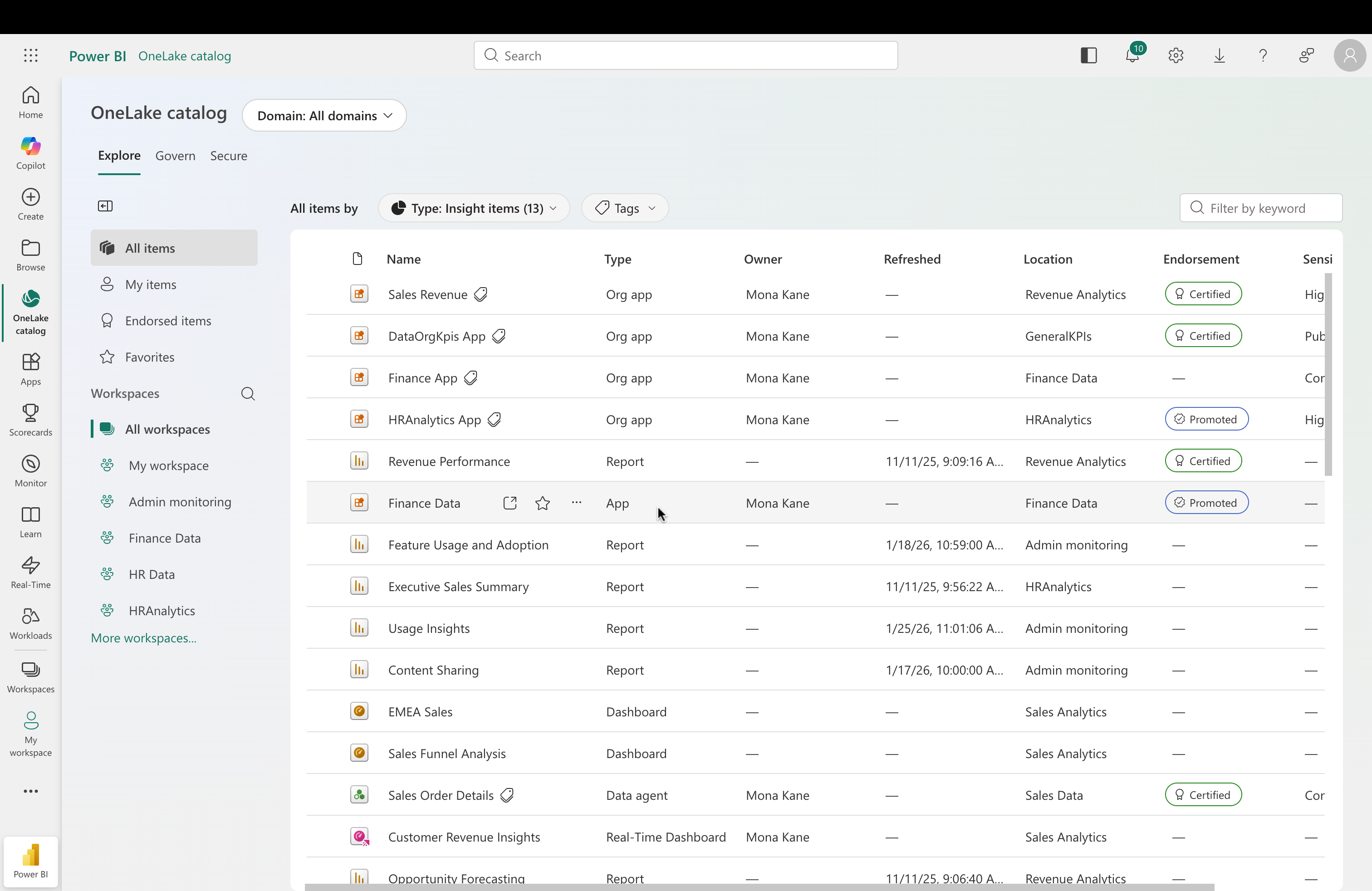 OneLake Catalog Insights category view showing Workspace Apps available for discovery and direct access, alongside other business-ready content.