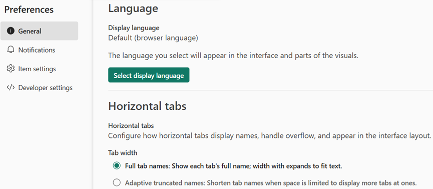 Preferences page in Settings showing horizontal tab settings with options for full tab names and adaptive truncated names