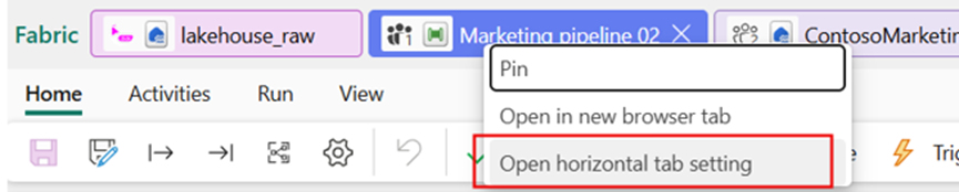 Right-click menu on a tab showing the “Open horizontal tab setting” option highlighted.