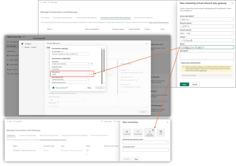 Screenshot collage showing configuration steps for managing streaming virtual network data gateways in a cloud platform interface. 