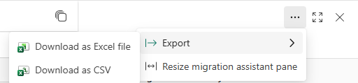 Screenshot of a dropdown menu showing export options for data download. Options include "Download as Excel file" and "Download as CSV," with an additional choice to "Resize migration assistant pane."