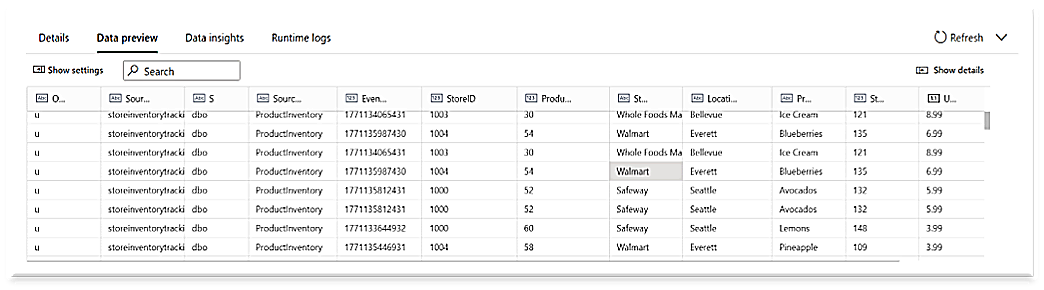 Screenshot of data preview displaying product inventory details including product category, event timestamp, product ID, product name, store ID, store name, location, and price. This table highlights the transformation of the raw CDC event into a shape that more closely reflects the source table schema along with some Debezium metadata.