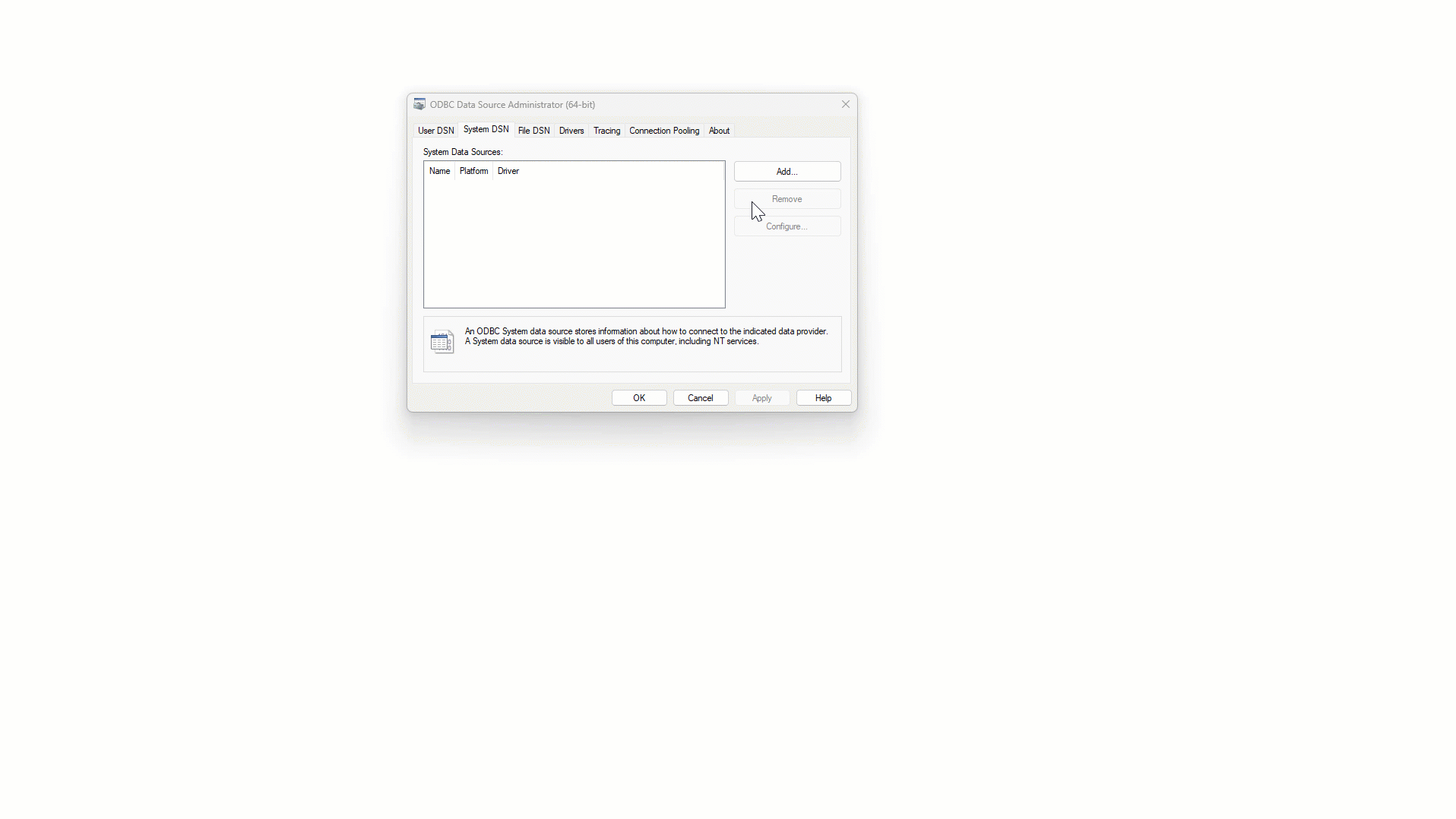 Screenshot of ODBC Data Source Administrator window showing System Data Sources tab with one data source named "Driver" listed. Buttons for Add, Remove, and Configure are on the right side, with a description below explaining ODBC system data sources store information about how to connect to Fabric Spark.