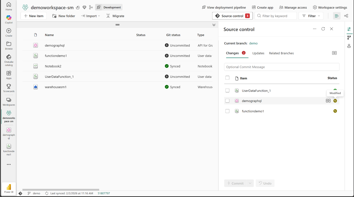 Screenshot of source control changes for API for graphQL item