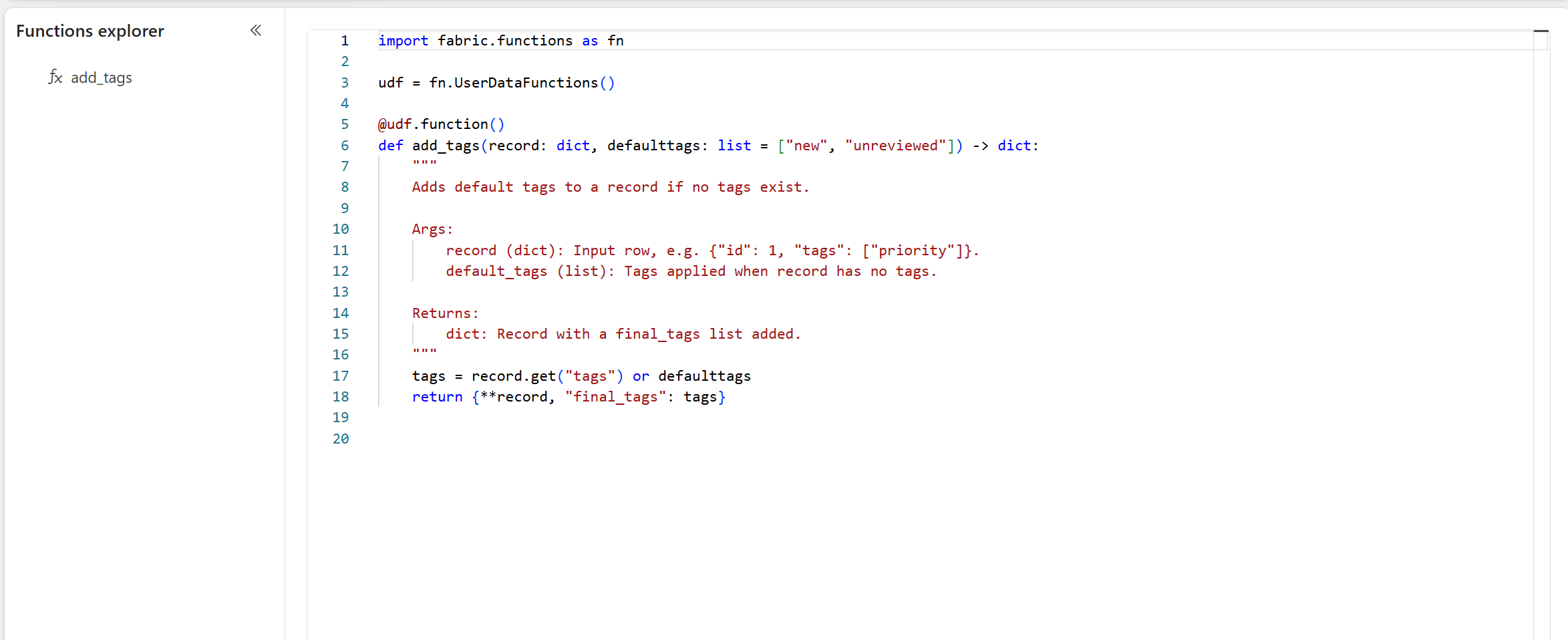 Screenshot of user data function with sample code using default arguments to a label for a record