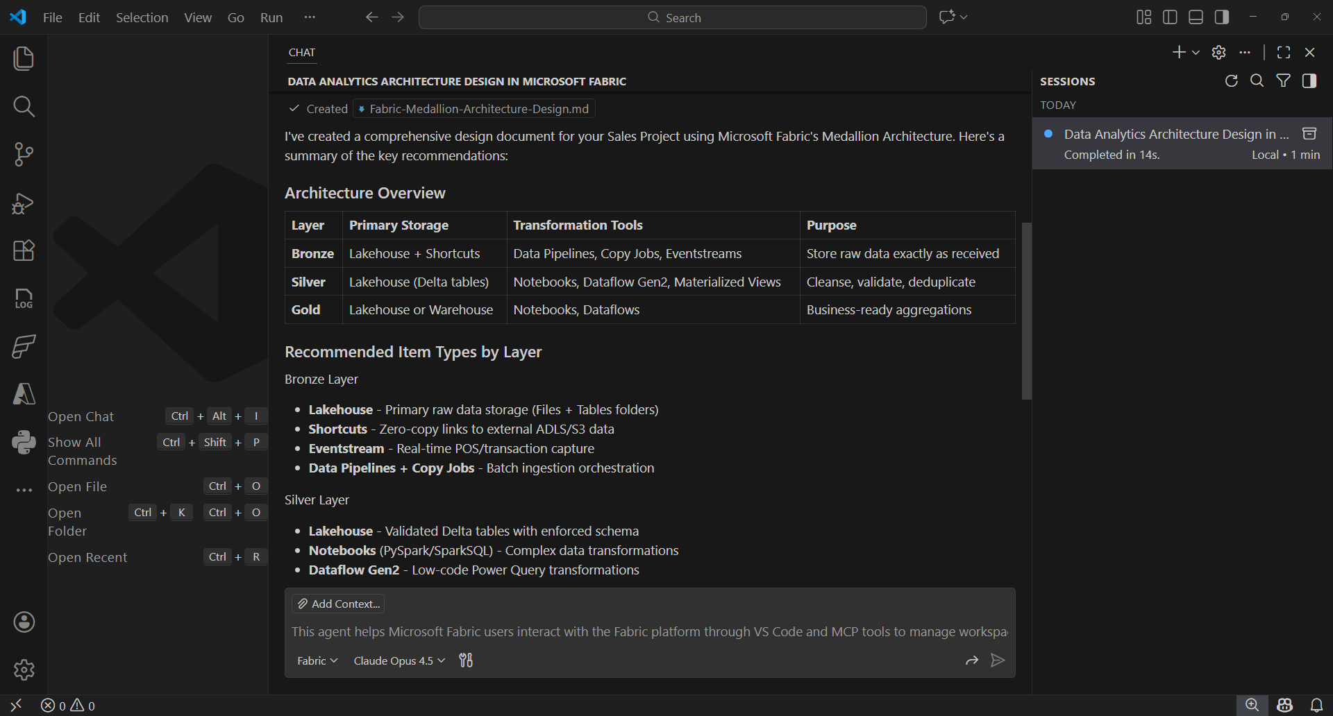 Screenshot of using Fabric MCP and GitHub Copilot with Fabric extension in VS Code to Create a spec for data analytics architecture