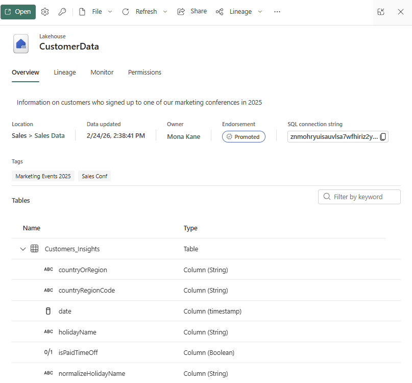 The new item details page, showing the full schema of the Lakehouse among other key metadata and actions.