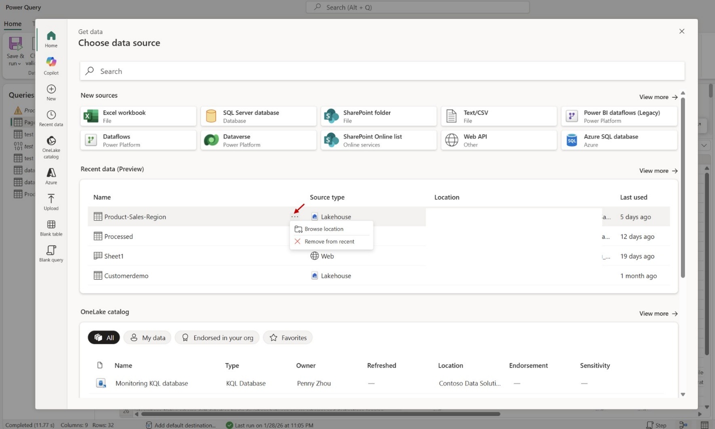 This shows how to find Recent data module inside Get Data. And it also shows the way to use Browse location