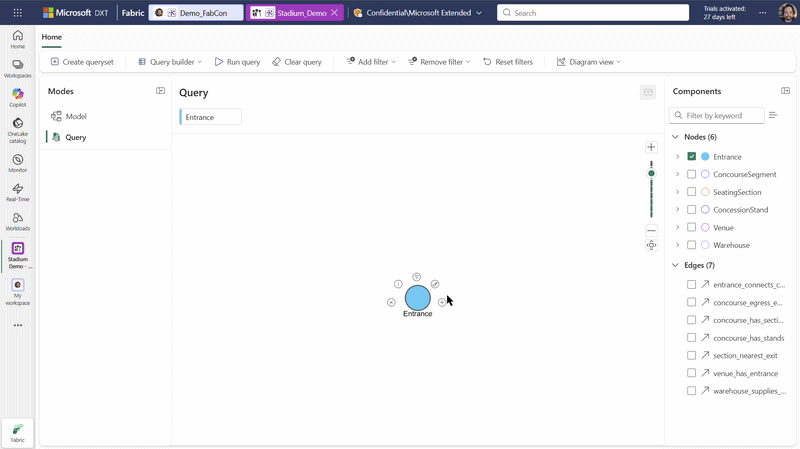 Animated GIF showing a Graph visualization with interconnected nodes representing business entities (customers, locations, assets) and edges showing relationships. Shows query results with relationship patterns highlighted and property details visible.