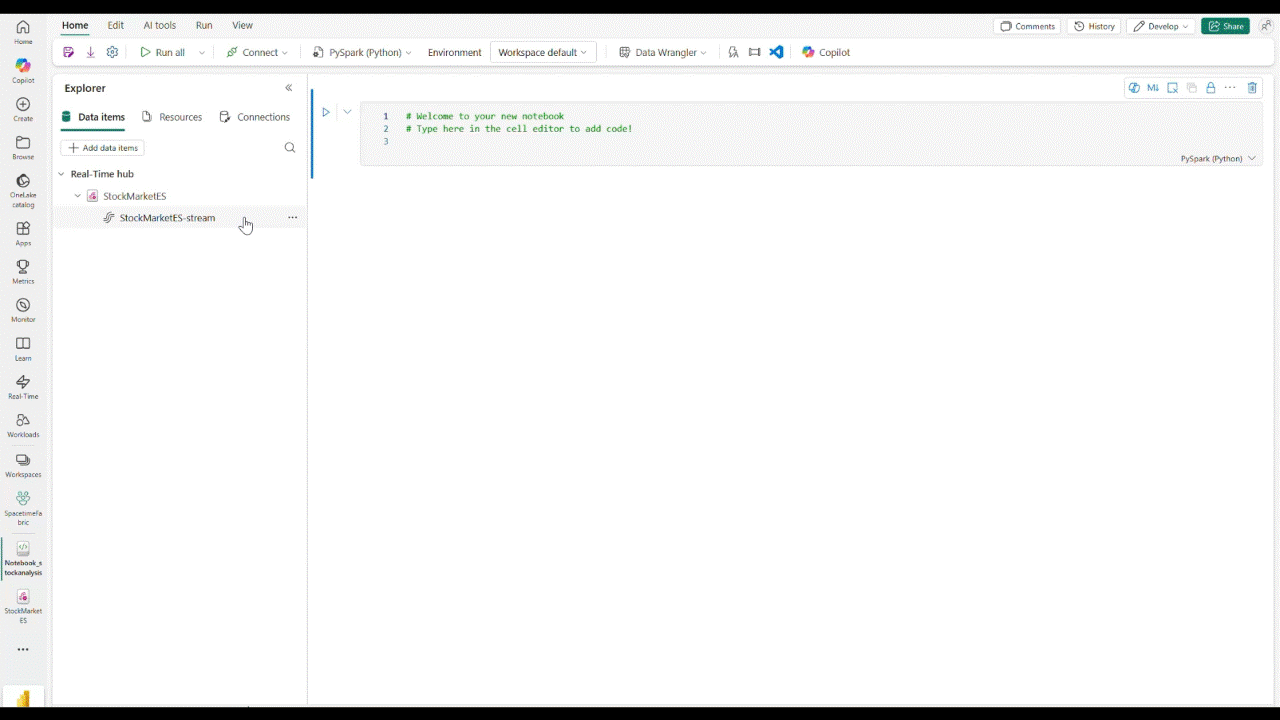 Animated screenshot of a Fabric Spark Notebook showing a code editor with a welcome message and a sidebar containing a Eventstream selected in the previous step. The interface includes tabs for Home, Edit, Tools, Run, and various options for managing environments and data connections, highlighting a setup for coding and data analysis. Finally, it shows the steps needed to have the Notebook automatically generate code to connect to the selected Eventstream.