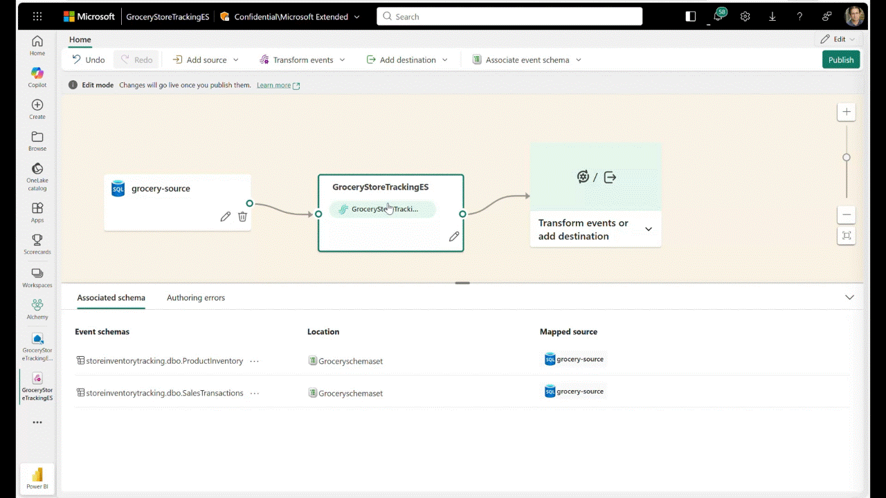Animated screenshot that shows source table schemas being automatically registered in the Eventstream schema registry and associated with the eventstream.