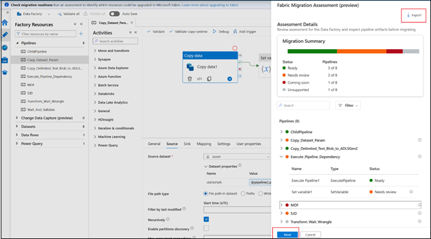 Assessment side pane in Azure Data Factory listing pipelines with readiness categories such as Ready, Needs review, Coming soon, and Unsupported, with an option to export results