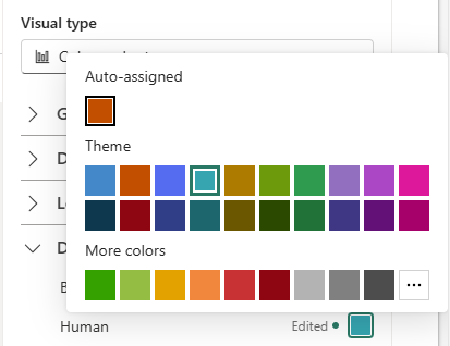Color palette selection menu from a data visualization tool is shown, featuring a grid of 24 color options in various shades including blues, greens, purples, reds, and browns. The menu highlights a teal color with a border, indicating it is currently selected, and includes sections labeled Auto-assigned, Theme, and More colors for customizing chart or graph colors.