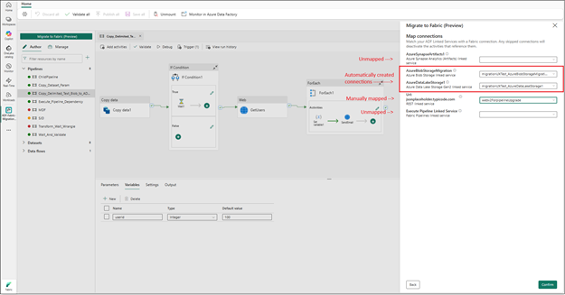 Connection mapping step that lists Azure Data Factory linked services and provides a way to select or create corresponding Fabric connections before you confirm migration
