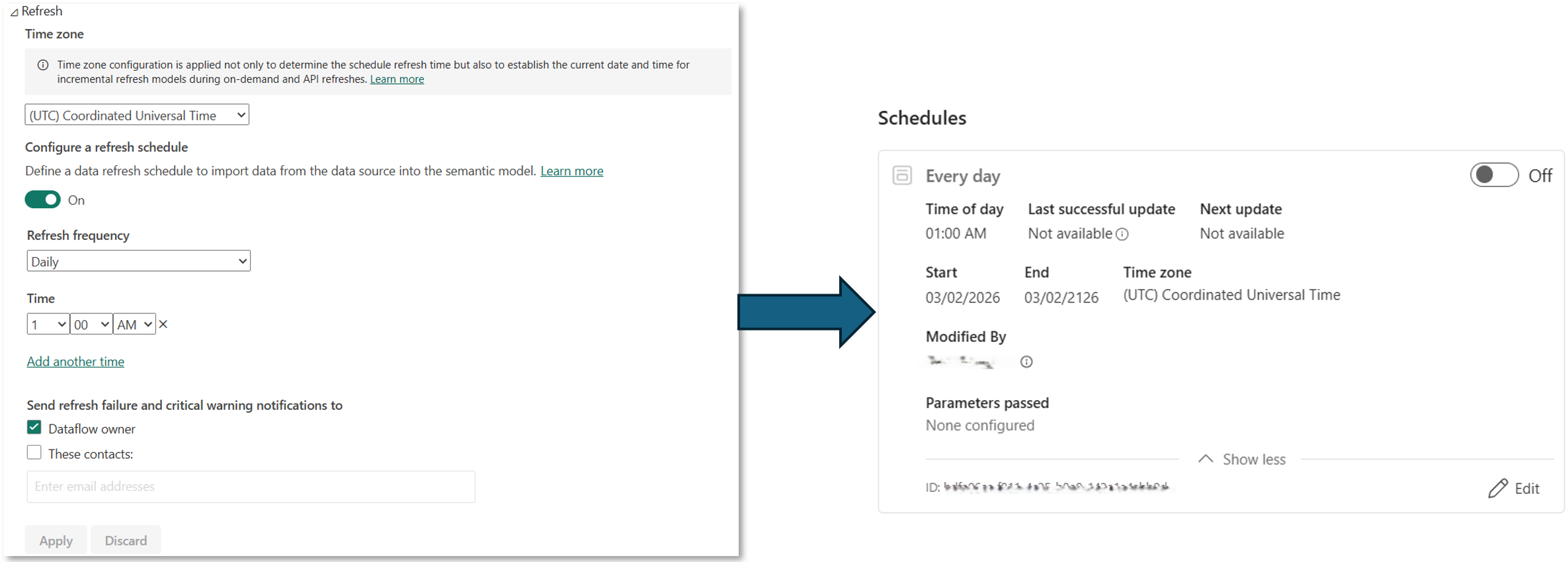 Dialogs for the refresh and scheduling mechanism when using the Save as experience for Dataflow Gen2