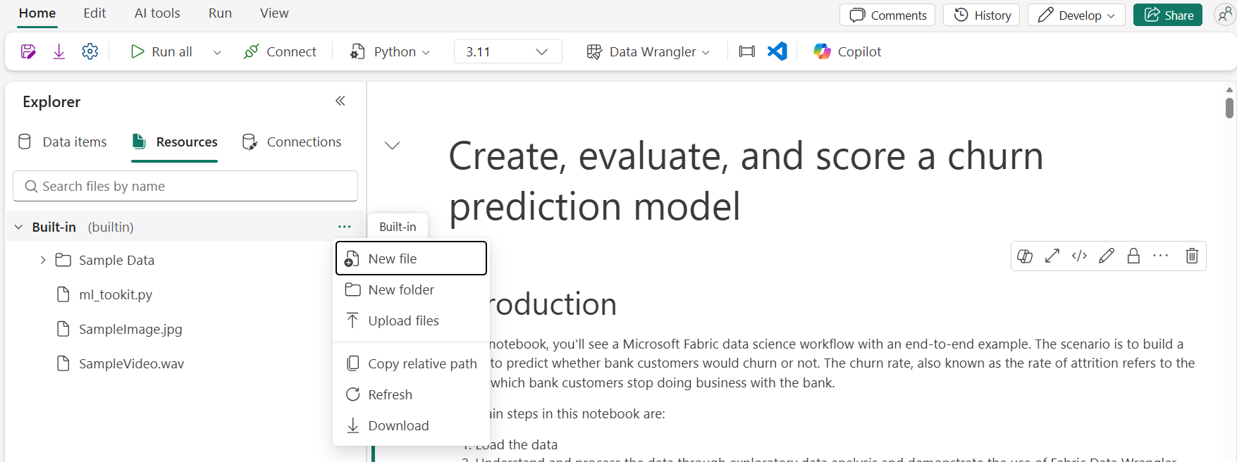 Entry of creating new file in notebook resources folder