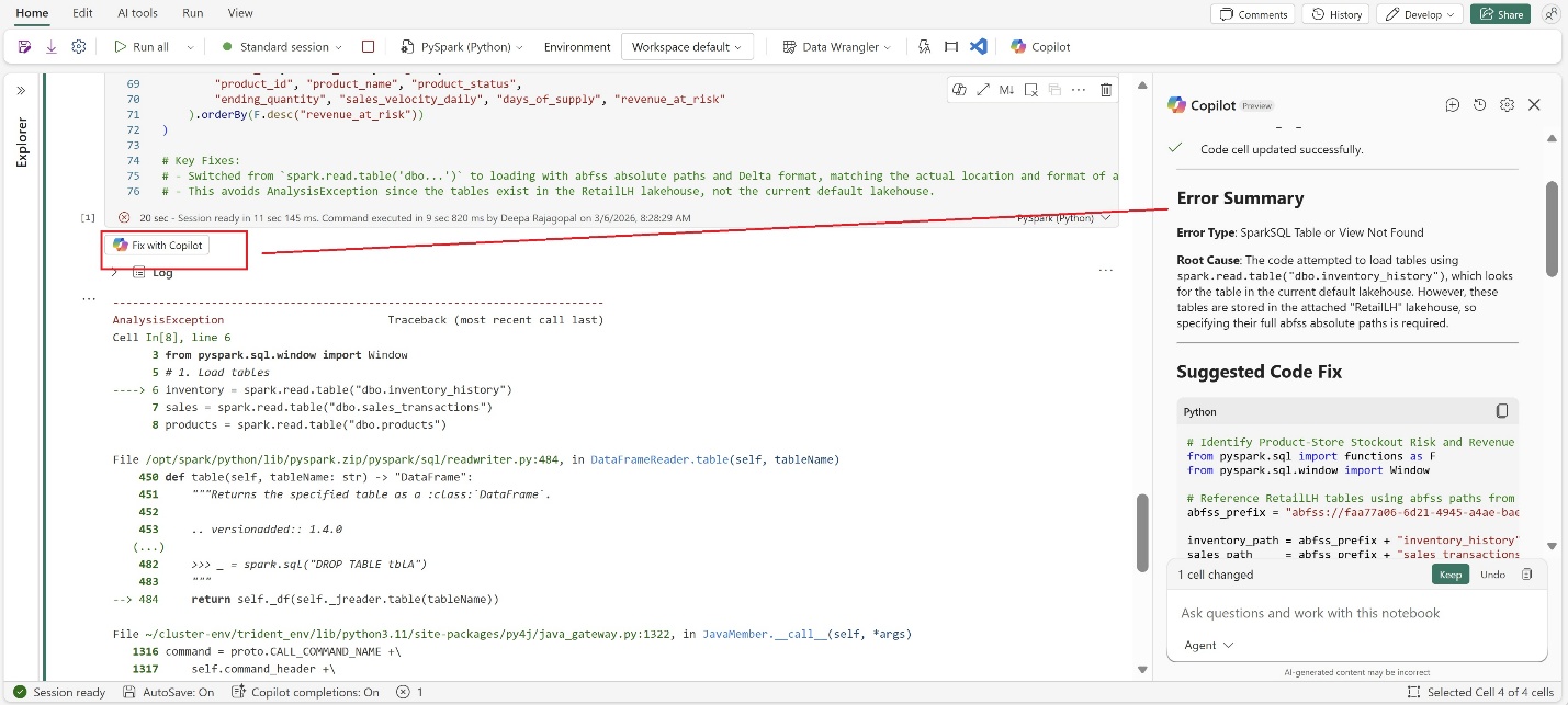 Fix with Copilot button appearing below a failed notebook cell, opening Copilot to analyze the error and suggest a fix.