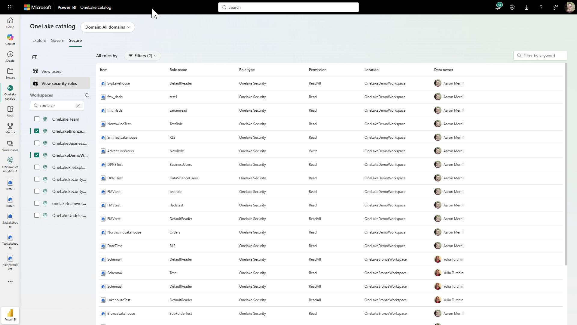 GIF of OneLake security and the OneLake catalog Secure tab experience