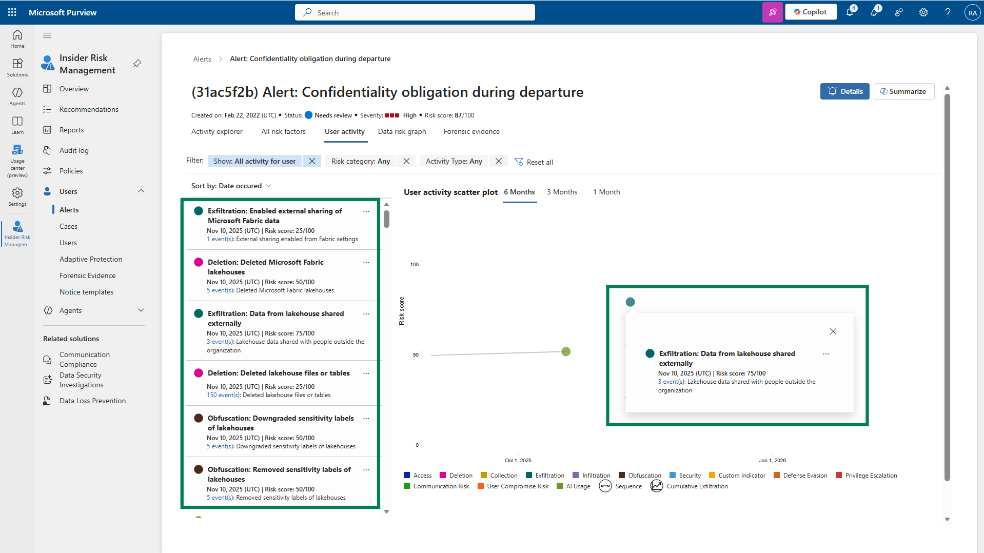 In Microsoft Purview you can see the Lakehouse signals alongside other signals in the Insider Risk Management section