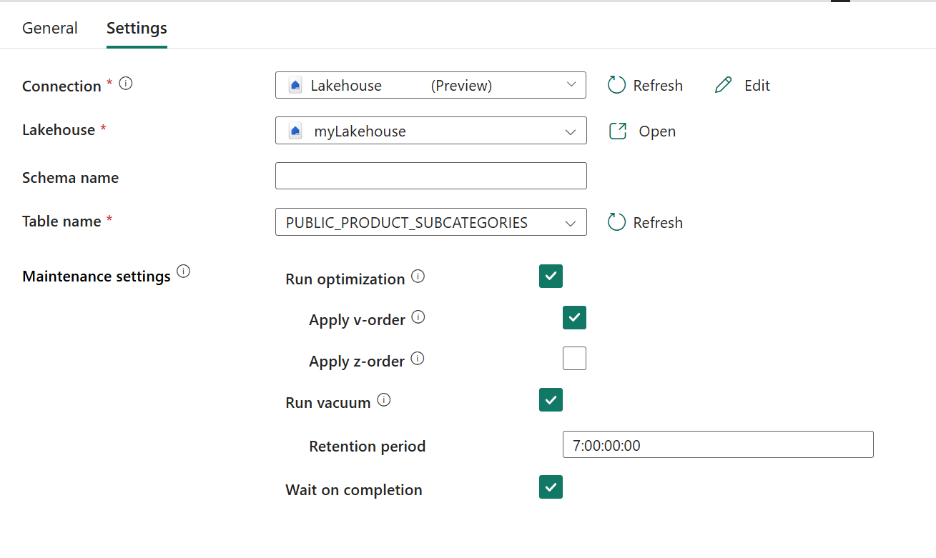 Lakehouse Maintenance activity Settings