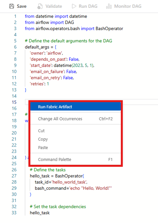 Running a Fabric item from Apache Airflow using the context menu shortcut.