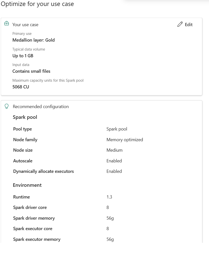Screenshot of a configuration panel for optimizing a Spark pool based on a use case with Medallion layer set to Gold, typical data volume up to 1 GB, and input data containing small files. Recommended settings include a memory-optimized node family, medium node size, autoscale and dynamic executor allocation enabled, runtime version 1.3, and resource allocations of 8 cores and 56 GB memory for both Spark driver and executor.
