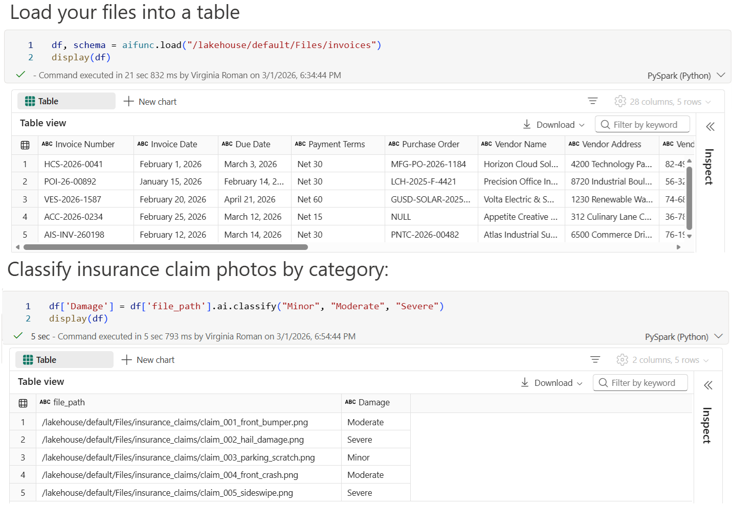 Screenshot of a Fabric notebook loading files into tables and classifying insurance claim images by damage severity.