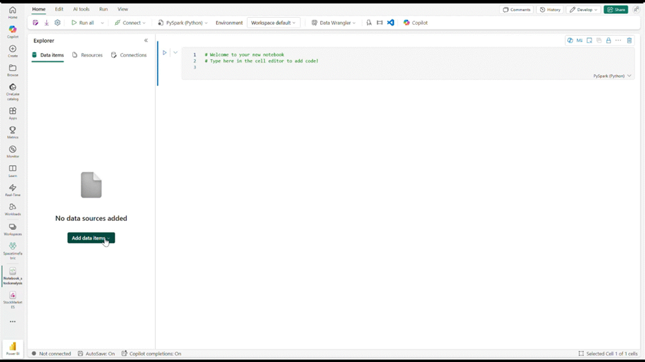 Screenshot of a Fabric Notebook showing how to use the Explorer to add an Eventstream from the Real-time Hub. The left panel displays the "Explorer" section. This is initially empty with a file icon labeled "No data sources added" and a green button "Add data items," The main area contains a code editor with a welcome comment.