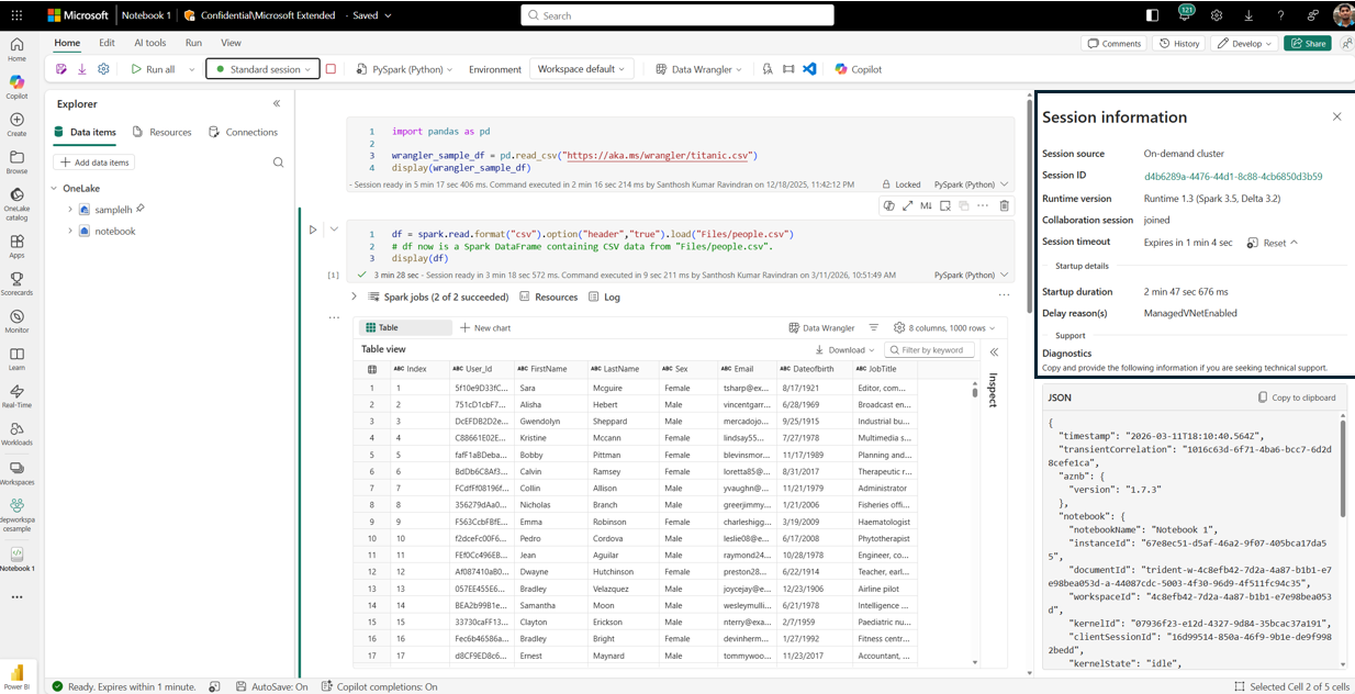 Screenshot of a Microsoft Azure Machine Learning Studio workspace showing a Python script and its output table. The script imports a CSV file containing user data, and the table displays columns like UserID, FirstName, LastName, Email, Gender, and DateOfBirth, with session information visible on the right panel.