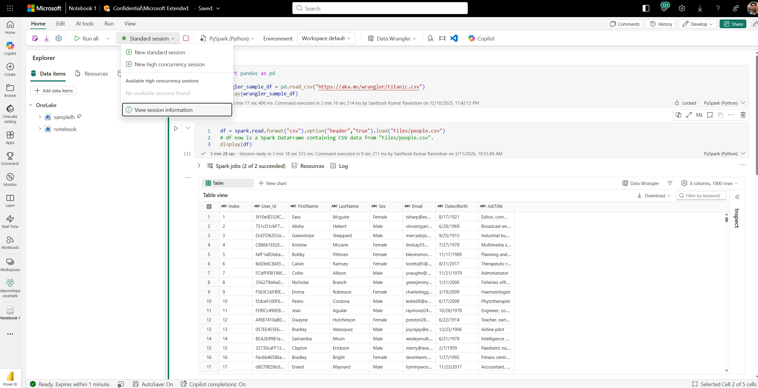 Screenshot of a Microsoft Azure Synapse Studio workspace showing a notebook with Python code and a table output. The notebook contains code to load and display a dataset with columns like ID, first name, last name, date of birth, and occupation, with the table displaying 15 rows of sample data.